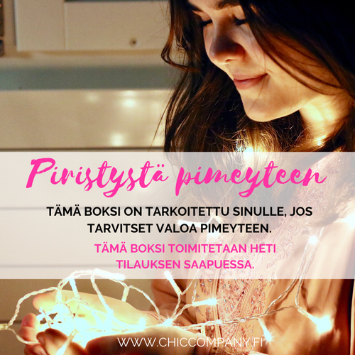 Piristystä Pimeyteen Boksi - Chic It!, Happiness, Onnelisuus, Piristystä pimeyteen, Positiivisuus, Ylläri, Yllärit, Yllätyspakkaus - Paperinoita