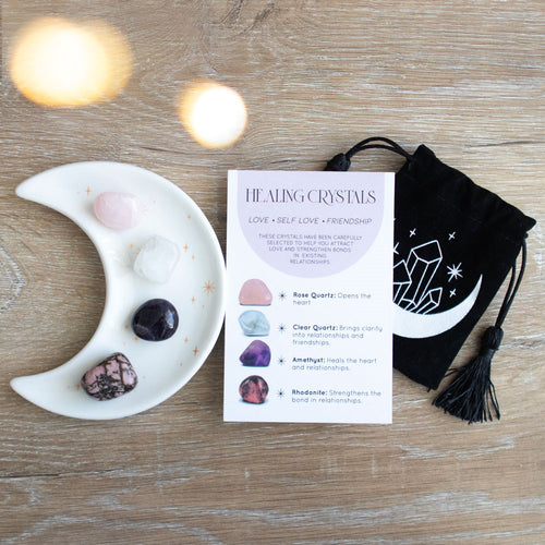 Kristallisetti - Love Healing - Ametisti, Crystals, Kristalli kivet, Kristallit, Lahja, Rodoniitti, Ruusukvartsi, Vuorikristalli - Paperinoita